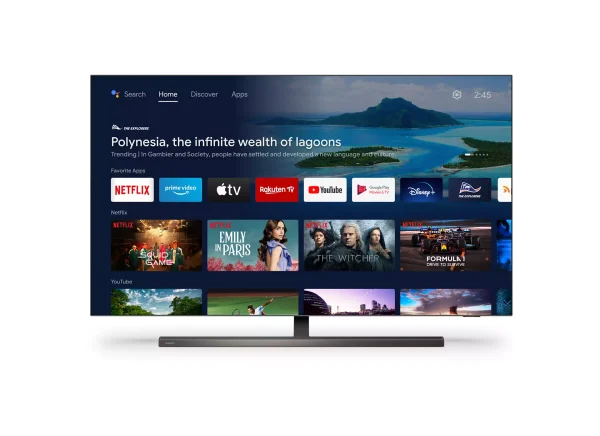 Android-TV ist leicht zu bedienen und bietet u. a. Zugang zu Apps wie Netflix, YouTube und Amazon Prime-Video für einfaches Streaming.